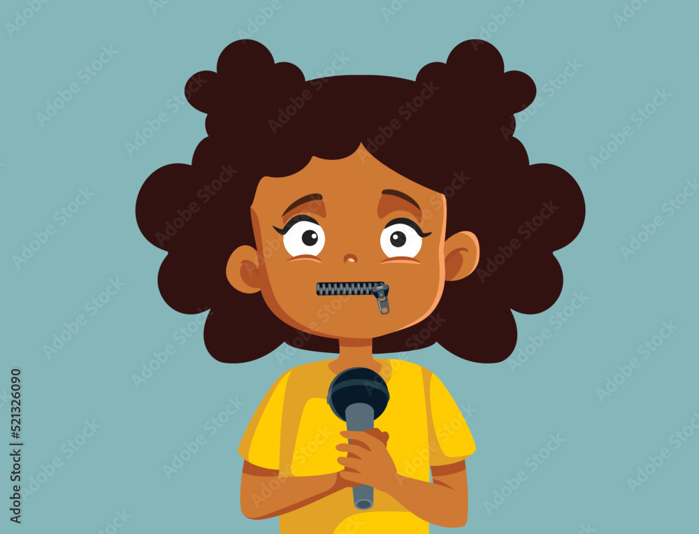 Stressed Child Suffering from Public Speaking Phobia Vector Cartoon. Little girl suffering from glossophobia standing silent holding a microphone
Stressed Child Suffering from Public Speaking Phobia Vector Cartoon. Little girl suffering from glossophobia standing silent holding a microphone
