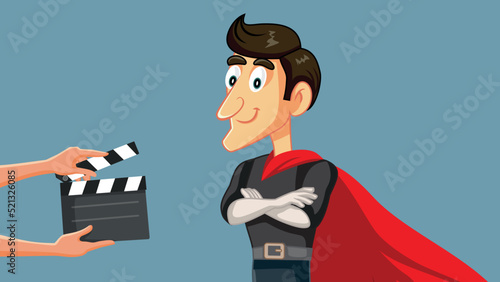 Actor Filming Superhero Action Movie Vector Cartoon Illustration. Comics hero starring in blockbuster production working on set
