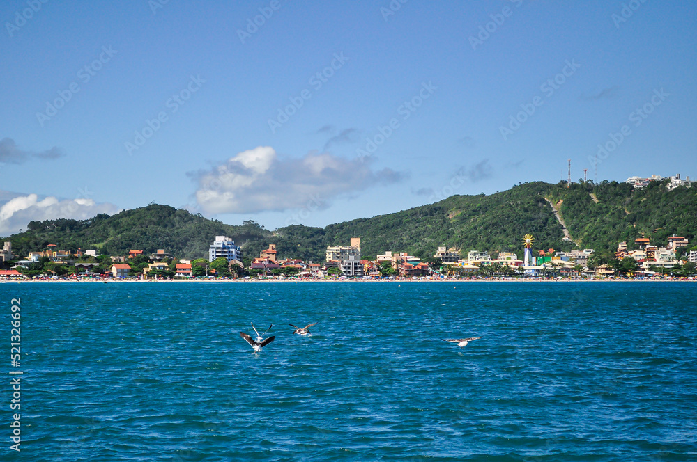 View of Bombinhas Beach from the sea in a beautiful sunny day. Birds flying over the water, Santa Catarina state, Brazil