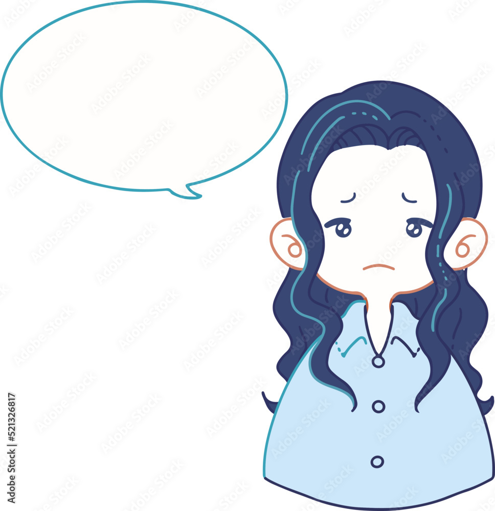 悲しい顔で何かをしゃべるシャツ姿の女の子のイラスト（吹き出し付き）