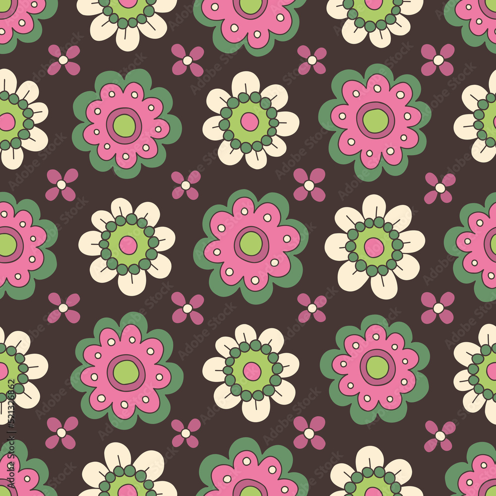 Colorful Pink and Green Small Scale Hand-Drawn Floral Vector Seamless Pattern. Retro 70s Style Nostalgic Fashion Textile Bold Background. Summer Resort Print. Daisies. Flower Power Colorful Pink and Green Small Scale Hand-Drawn Floral Vector Seamless Pattern. Retro 70s Style Nostalgic Fashion Textile Bold Background. Summer Resort Print. Daisies. Flower Power