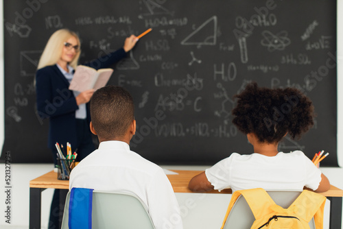 A female teacher teaches schoolchildren at the blackboard in the classroom. International team. Back to school.