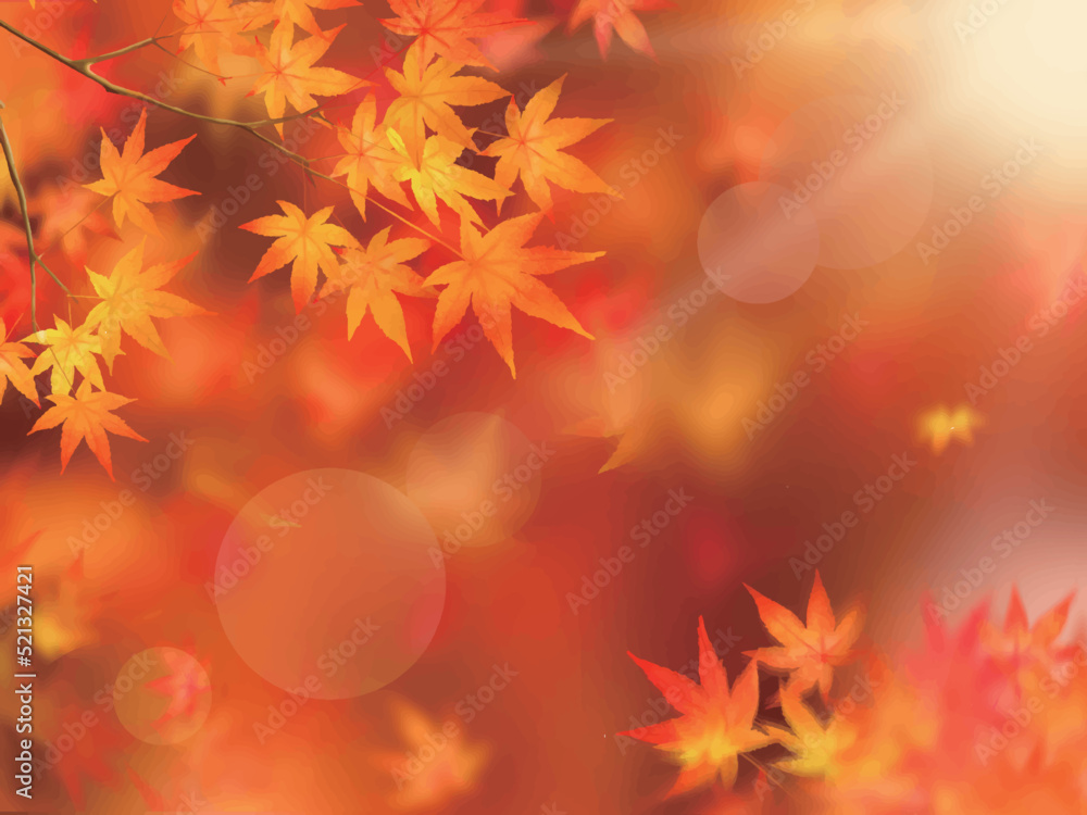 Fototapeta premium 赤く紅葉した美しい紅葉の葉のオシャレなベクターの光のキラキラしたピンボケの幻想的な背景素材フレーム