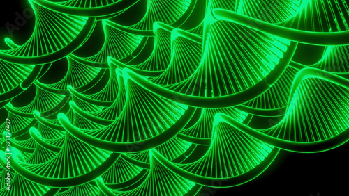 Close up of abstract plastic green springs stretching isolated on a black background. Design. Spiral shaped long wavy figures moving all together. © Media Whale Stock