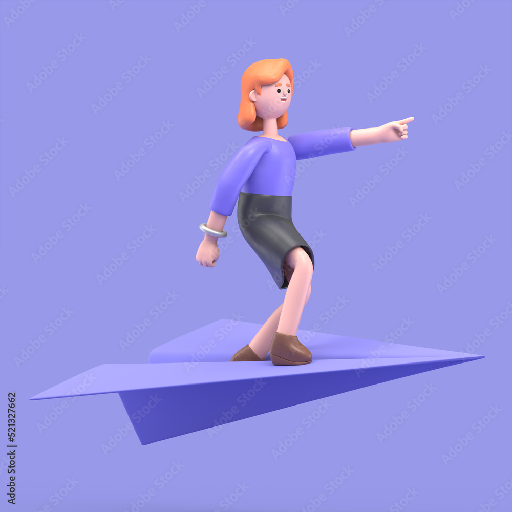 3D illustration of smiling businesswoman Ellen standing on a giant paper plane and pointing forward. 3D rendering on blue background.
