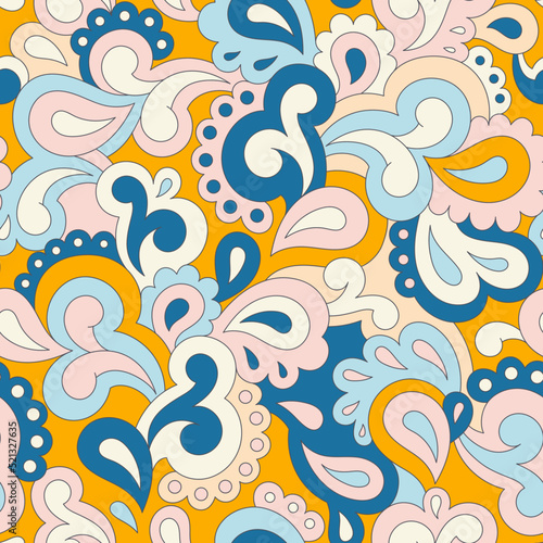 Retro seamless pattern. Swirls and paisley elements in boho design. Hippie psychedelic vector background. Colorful abstract vintage vector print. Summer groovy textile design