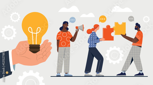 Concept of idea. Man and women working on same project. Characters connect puzzles. Creative people brainstorming. Teamwork, collaboration and partnership metaphor. Cartoon flat vector illustration