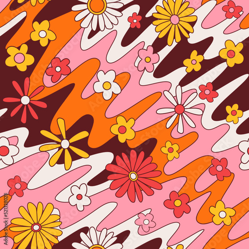 Abstract psychedelic fashion print. Colorful groovy retro background. Vintage 60s 70s hippie floral seamless pattern. Fluid lines and cartoon flowers boho textile design