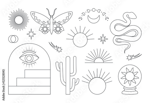 Line bohemian design set. Collection of minimalist elements in boho style. Mysticism and esotericism. Snake, sun, butterfly and moon. Cartoon flat vector illustrations isolated on white background