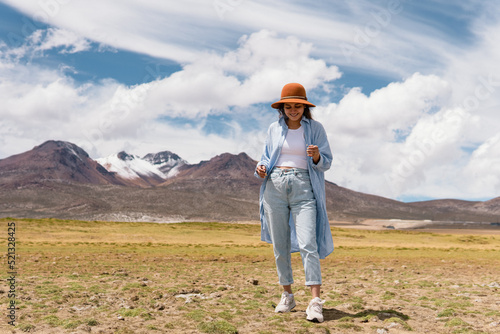 Latina woman in front of mountain in Arequipa Peru