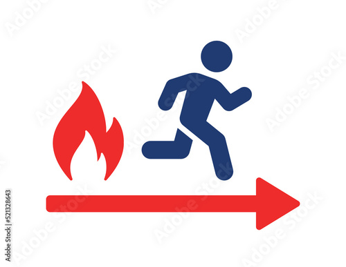 Fire exit emergency icon vector sign with person running away from the flame and arrow symbol illustration.