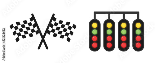 Racing starting lights system with race checkered flag icon vector illustration isolated on white background. photo
