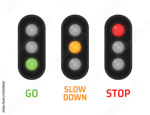 Traffic control signal light vector illustration. Go, slow down and stop warning symbol for road safety regulation concept.
