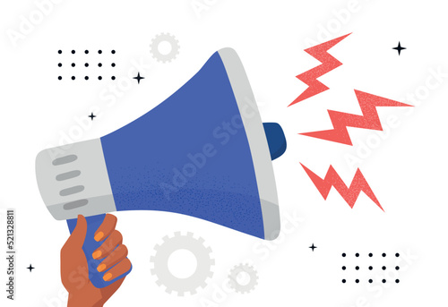 Hand with megaphone. Advertising poster or banner for website, promotion of goods on Internet. Informing customers about special offers, discounts and sales. Cartoon flat vector illustration