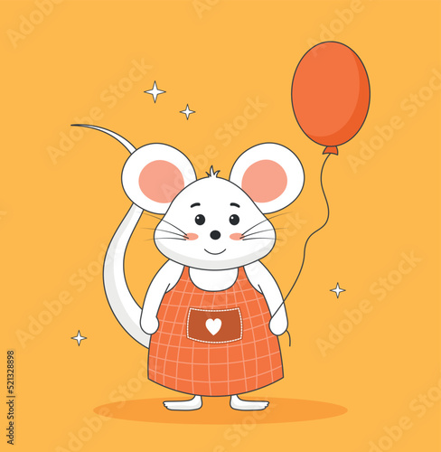 Mouse with air balloon. Poster or banner for website with fictional cute childrens characters. Greeting or invitation postcard, adorable mascot or toy for kids. Cartoon flat vector illustration