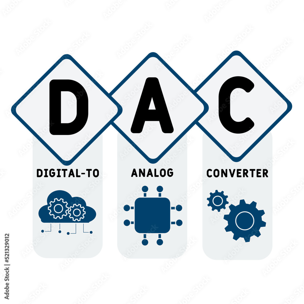 DAC - Digital-to-Analog Converter acronym. business concept background. vector illustration concept with keywords and icons. lettering illustration with icons for web banner, flyer, landing pag DAC - Digital-to-Analog Converter acronym. business concept background. vector illustration concept with keywords and icons. lettering illustration with icons for web banner, flyer, landing pag