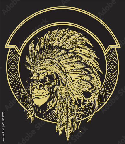 Gorilla Indian tribes isolated on black background for poster, t-shirt print, business element, social media content, blog, sticker, vlog, and card. vector illustration.