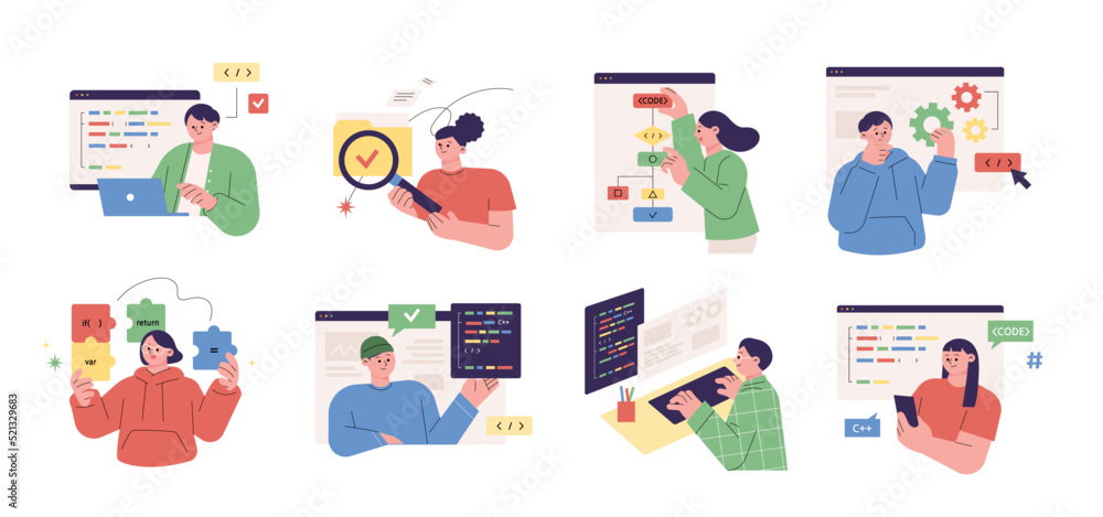 Developers are coding programs on computers. Programmers are analyzing and putting pieces together. flat design style vector illustration.