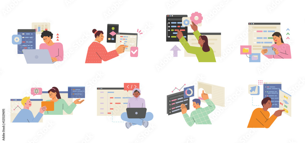 Developers are coding programs on computers. A computer pop-up window floats around the programmer. flat design style vector illustration. Developers are coding programs on computers. A computer pop-up window floats around the programmer. flat design style vector illustration.