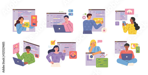 Developers are coding programs on computers. Programmers are analyzing data. flat design style vector illustration.