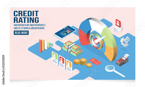 3D isometric Credit rating concept with Interest rates dropping, client decrease percen, credit information, banking Service, mortgage loan. Vector illustration eps10