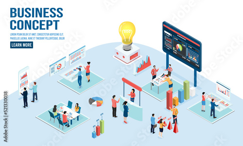 3D isometric Business activities concept with office workers process a work scheduling, planning. Modern trendy concepts for web sites and mobile web sites. Vector illustration eps10