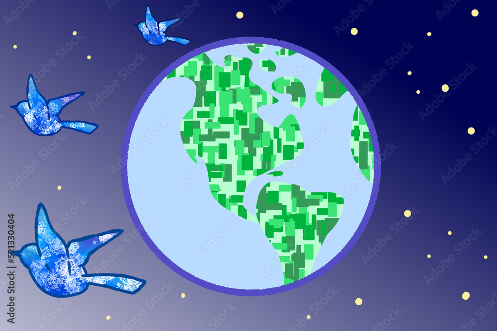 Fototapeta premium 宇宙を羽ばたく鳥 地球