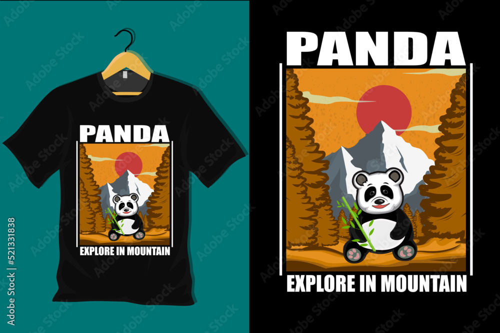 Panda Explore in Mountain Retro Vintage T Shirt Design