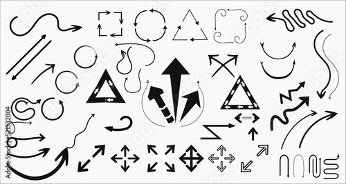 Set of multifunctional black arrow elements. Vector Hand Drawn Doodle for Directions, Navigation, paths and lines
