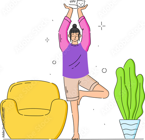 Girl doing yoga at home holding Cat