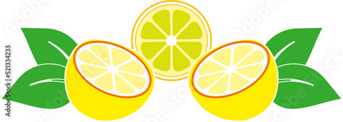 Lemon Fruit half cut and leaves isolated on white as symbol of freshness and organic food element vector illustration.