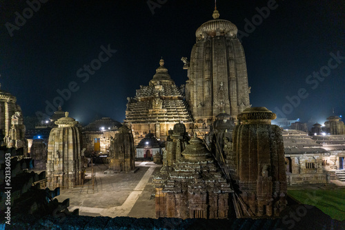 View of Lingaraj Temple from out side during night at Bhubaneshwar, Odisha, India.
