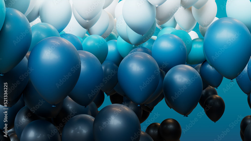 Modern Party Wallpaper, with Teal, Aqua and White Balloons. 3D Render
