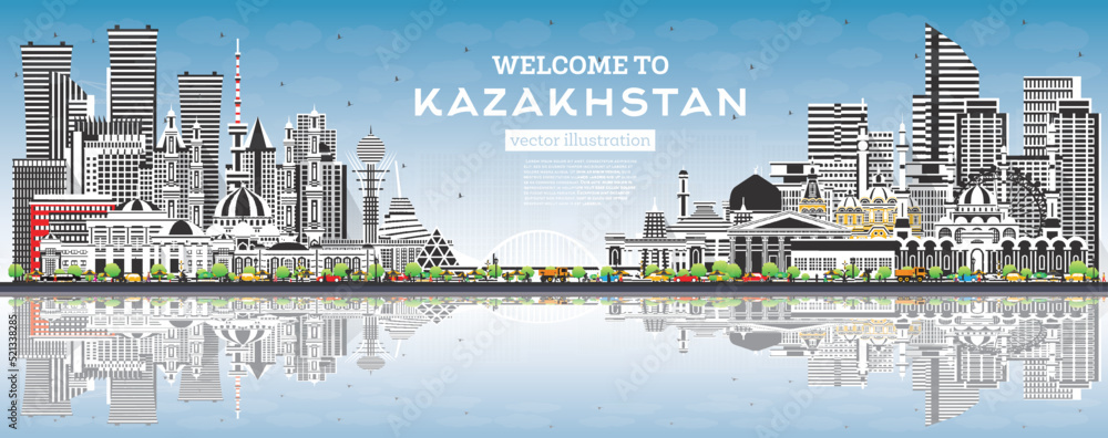 Welcome to Kazakhstan. City Skyline with Gray Buildings, Blue Sky and Reflections.