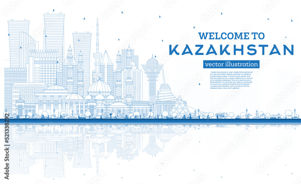 Outline Welcome to Kazakhstan. City Skyline with Blue Buildings and Reflections.