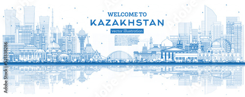 Outline Welcome to Kazakhstan. City Skyline with Blue Buildings and Reflections.