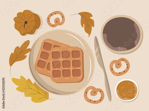 vector illustration in flat style - autumn still life. Belgian waffles, a cup of coffee and autumn leaves