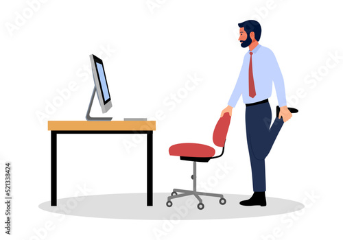 Businessman doing exercise in office concept vector illustration. Office syndrome prevention. Stretching exercise. photo