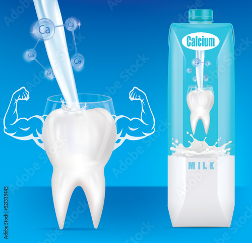 Milk pouring to the tooth and care concept.Calcium for teeth make teeth strong and have muscles.