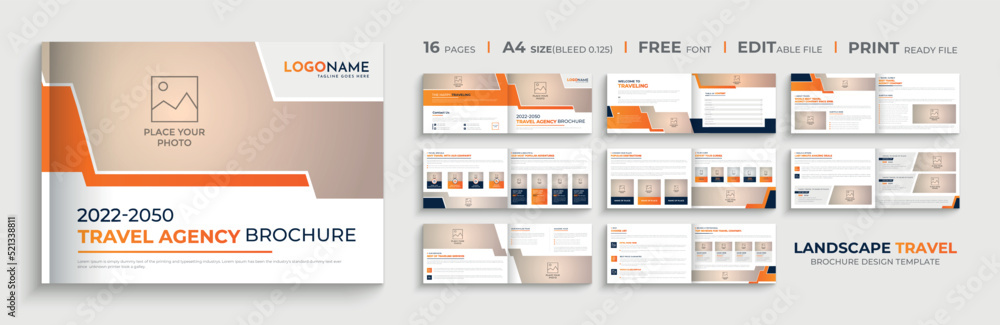 Obraz premium Landscape multipurpose travel agency brochure design template or 16 pages company profile brochure template layout