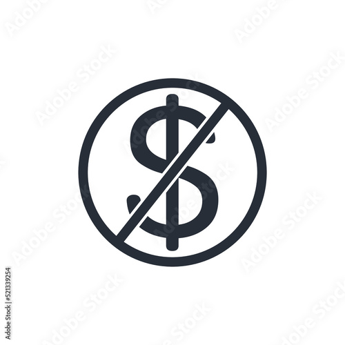 Crossed dollar. No expense, free of charge. Vector linear icon isolated on white background.