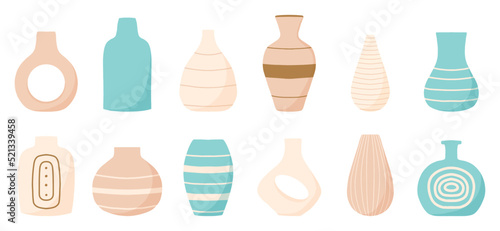 Set of modern vases. Vases for flowers. Pastel colors. Home decor collection. Vector illustration.