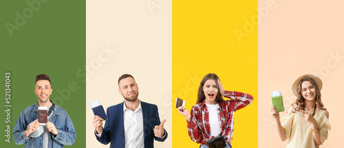 Set of people with passports and tickets on color background