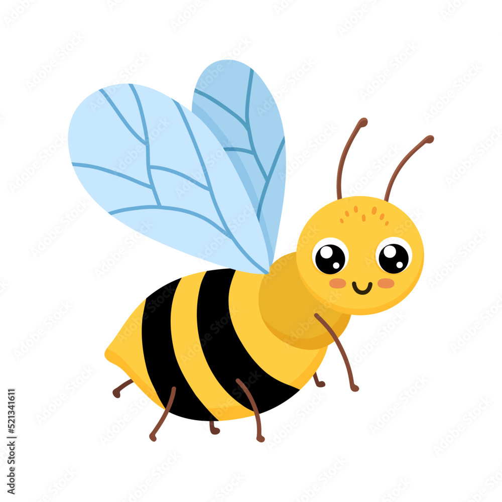 Cute smiling bee isolated on white background. Funny insect for children. Flat cartoon vector illustration Cute smiling bee isolated on white background. Funny insect for children. Flat cartoon vector illustration