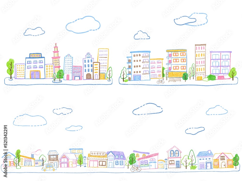 Cityscape, building, apartment landscape: colorful and simple hand-drawn illustration set / 街並み ビル マンション景観：カラフルでシンプルな手描きイラストセット