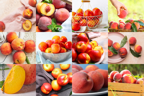 Collage with sweet ripe peaches