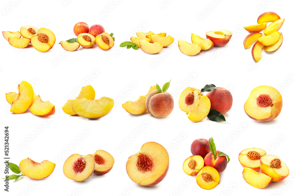 Set of ripe peaches isolated on white Set of ripe peaches isolated on white