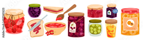 Wide set of different fruit jams. Homemade various pots with jams, organic natural product, cooking fruits with sugar, bread with jam, sweet breakfast meal vector illustration