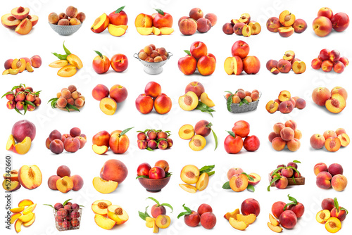 Set of ripe peaches isolated on white