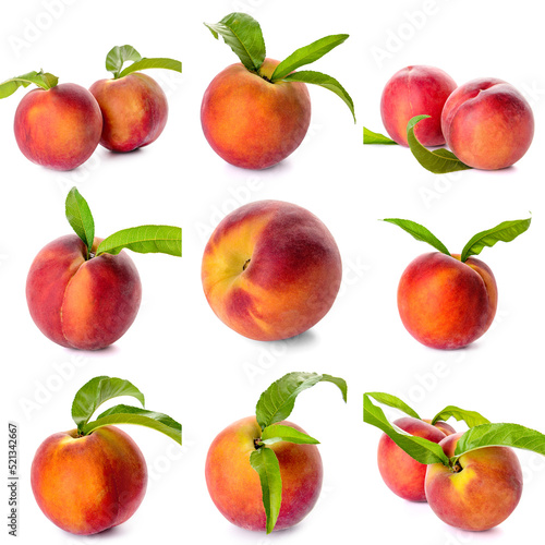 Set of ripe peaches isolated on white